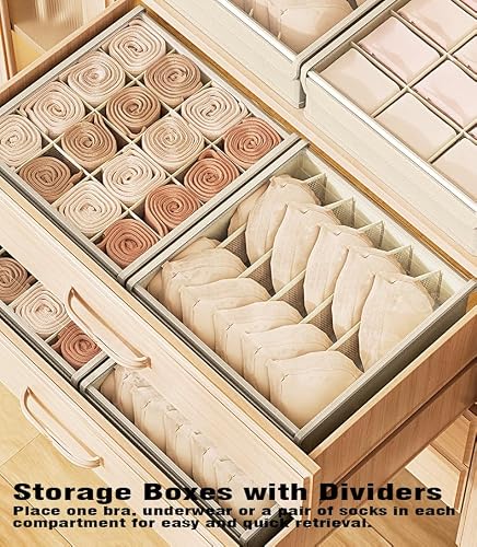 AARAINBOW 4 Packs Underwear Socks Storage Organizer with Lid, Foldable Closet Drawer Organizer with Dividers Wardrobe Storage Boxes Fabric Dresser Bin for Bra Scarf Neck Tie Container (50 Cells Beige) - Thumbnail 2