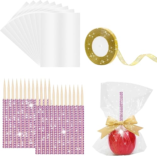 Palitos y bolsas de manzana con purpurina, 24 palitos brillantes con bolsas de caramelo de 30 piezas y 1 rollo de cinta de purpurina de 25 yardas,