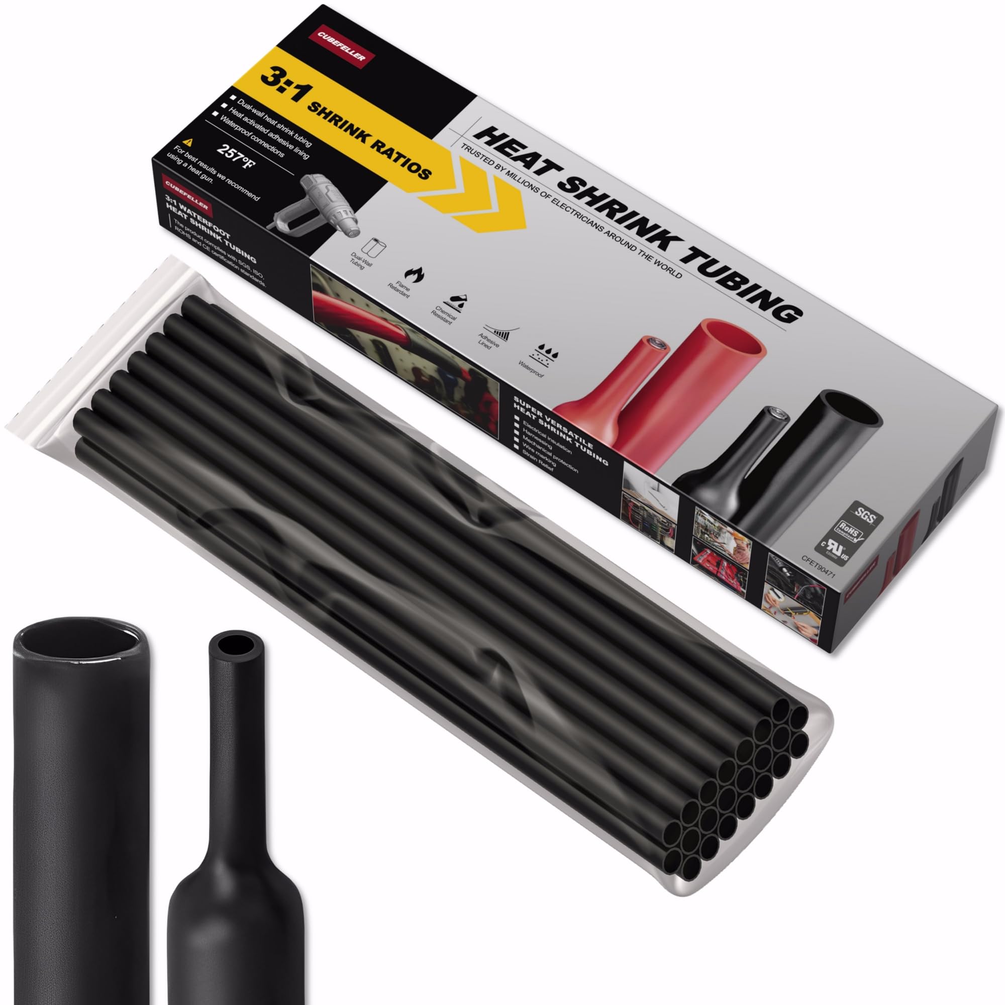 ●HIGH HEAT CUBEFELLER® 3:1 Ratio 3/32 Inch (2.4mm) Black Heat Shrink
