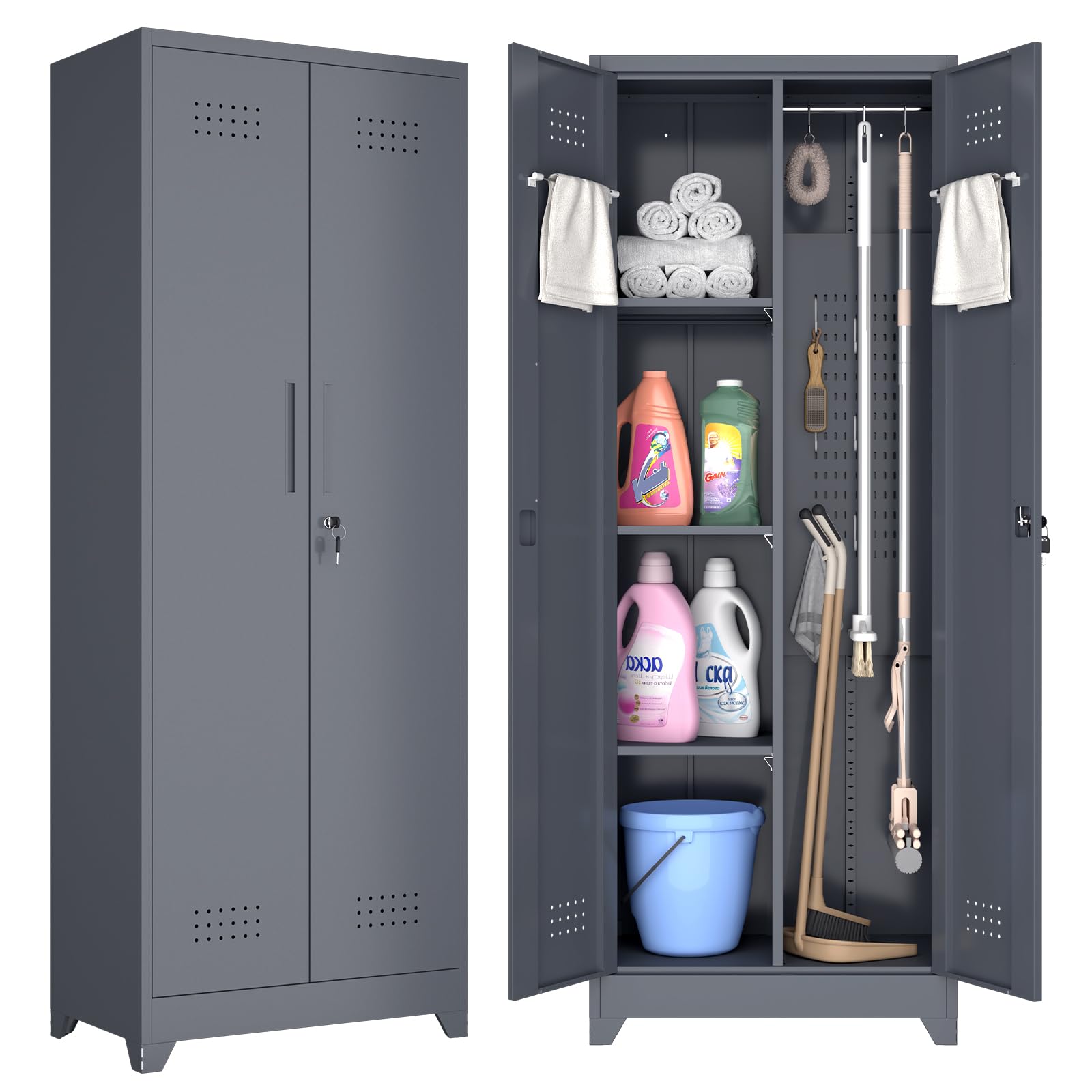 GREATMEET Broom Closet, Broom Closet Cabinet with Pegboard and Hanging Rod, Cleaning Supplies Storage Cabinet for Bathroom, Garage