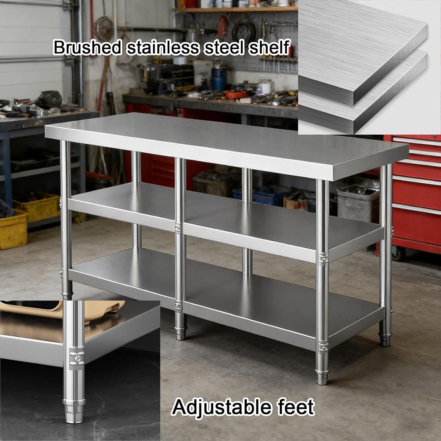 Three-Tier Stainless Steel Workbench Six Vertical Posts Thickened Material Reinforced Crossbeam Kitchen Work Table Adjustable Feet Suitable for Warehouse and Workshop Water Proof