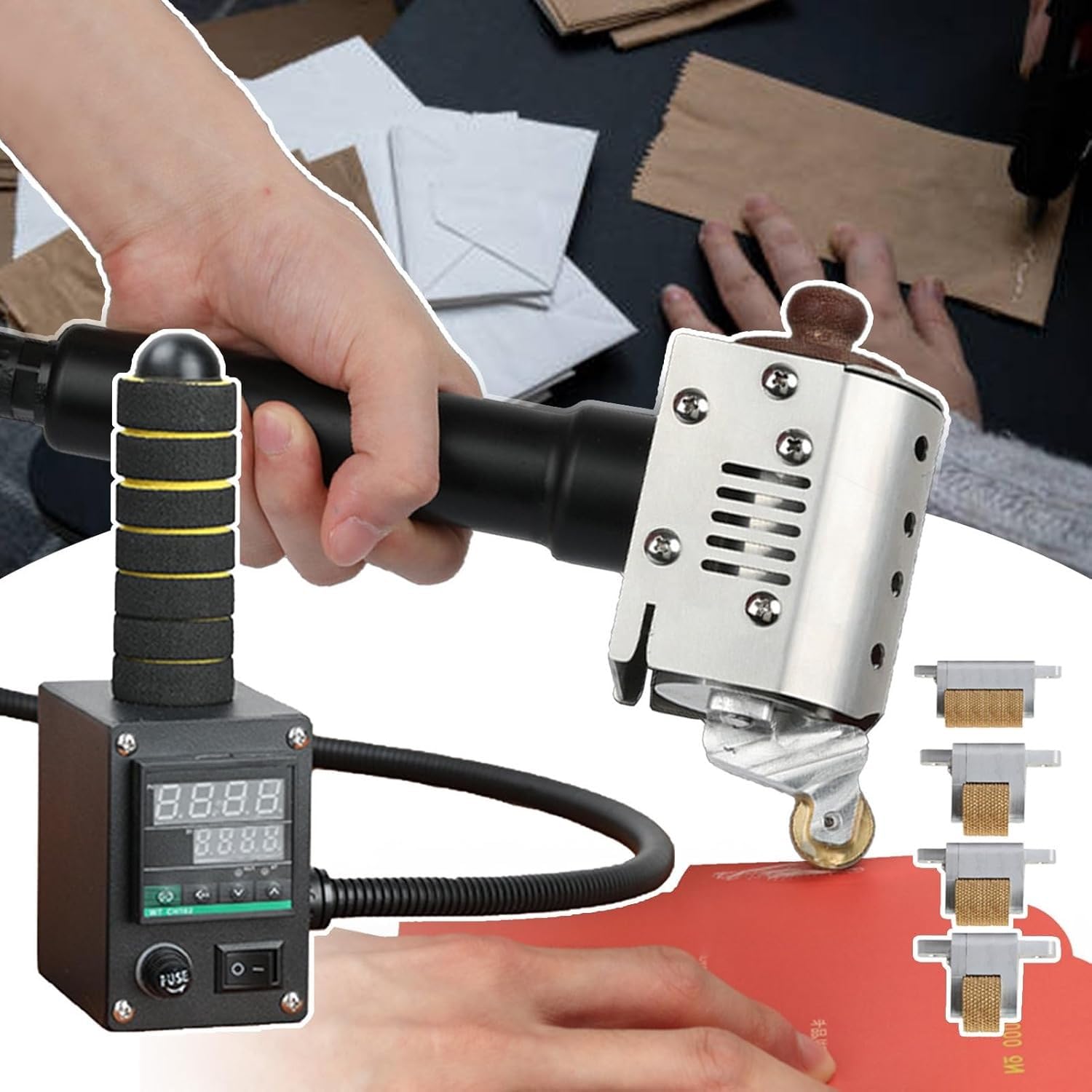 Handheld Hot Melt Glue Roller Machine with Digital Display Controller,Heating Range,50-220°C,4 Coating Heads,for Packaging/Fabric/Leather Bonding (150ml)