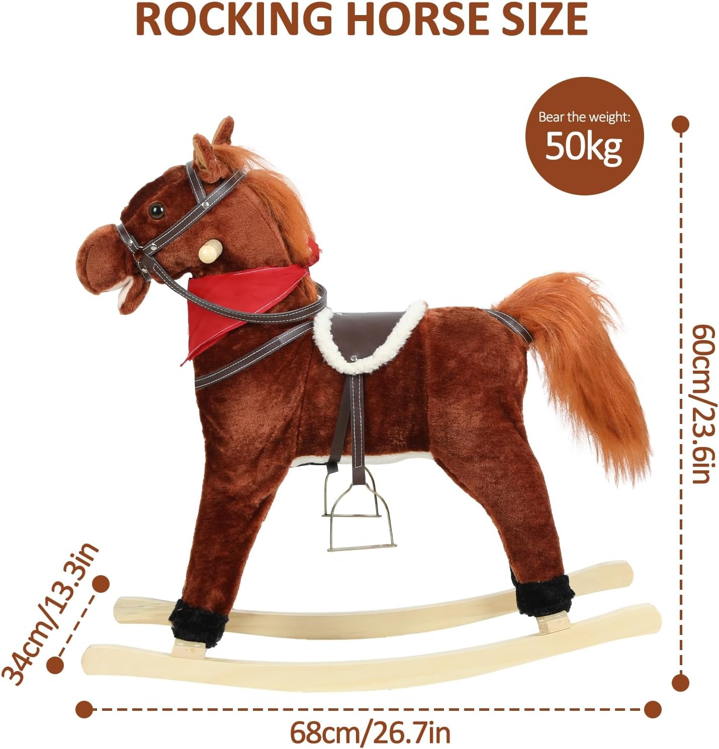Rocking Horse Toy for Kids Plush Ride on Animal with Wooden Rockers, Moving Mouth and Wagging Tail, Musical Sounds, Baby Rocking Chair, 120kg Weight Capacity, Ages 1-6 Dark Brown Middle