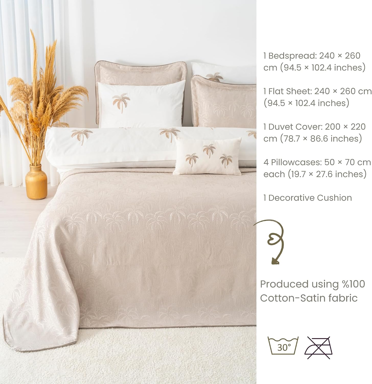 8-Piece Bedding Set with Pique Bedspread, Duvet Cover, Flat Sheet, Pillowcases & Decorative Cushion | Oversized Cotton Bedding Set for Bedroom & Daily Use