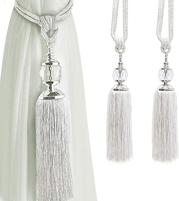 Curtain Tiebacks Crystal Curtain Holdbacks Hooks Handmade Curtain Tieback Rope Tassel Bead Ball Curtain Tie Backs Holder Home Decoration 2 Pack Beige White