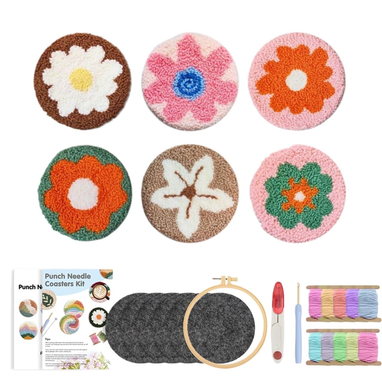1set 6pcs/Set DIY Punch Needle With Coasters Kit Complete Embroidery Starter Set For Beginners for DIY(Color2)