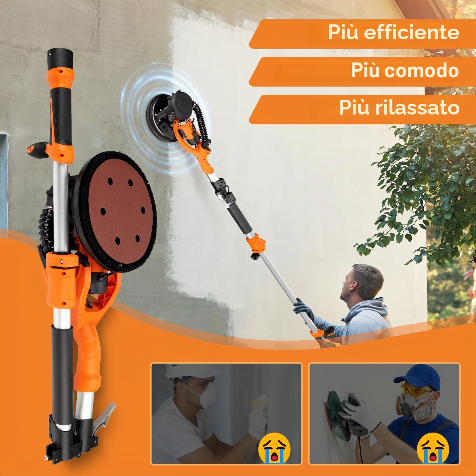 Protmex Giraffa Levigatrice - 1000W Levigatrice per Muro con Aspiratore e Luce LED, 6 Velocità 800-2200RPM, Dischi di Levigatura 15pcs, Pieghevole Estensibile per Muri
