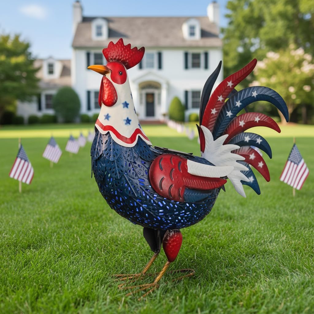 LIFFY Metal Rooster Yard Decor,18" Solar Chicken Outdoor Garden Statues with Patriotic Flag Design,Farm Animal Figurines Decorative Ornament Outside for Patio Backyard Lawn,Gifts for Chicken Lover