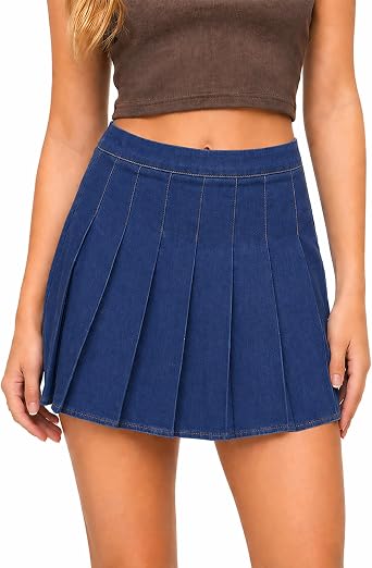SCKTOO Womens Denim Skirt High Waisted Zipper A-Line Skater Jean Pleated Mini Skirts