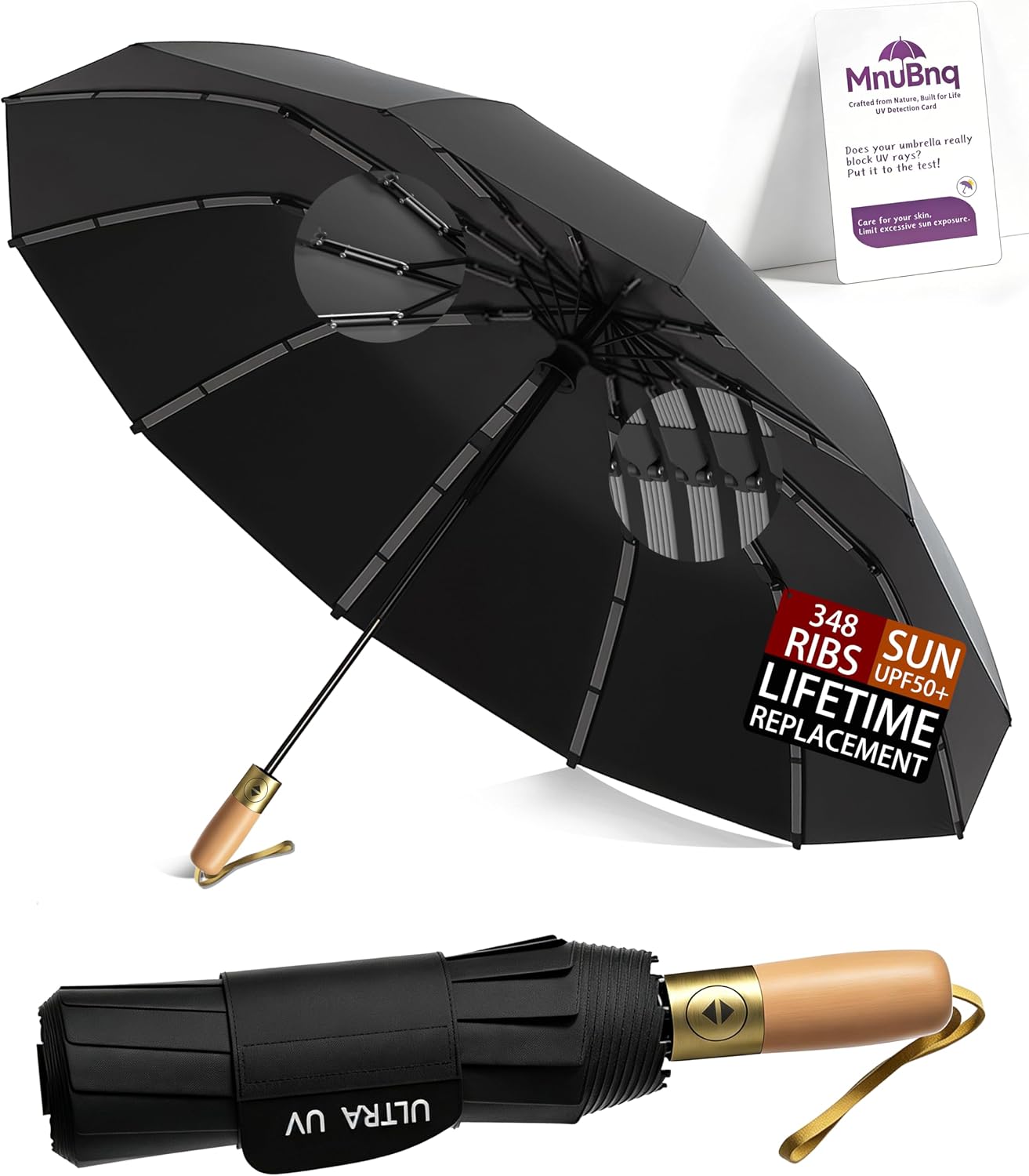 Strongest Travel Umbrella Windproof Real Wood Handle Compact Portable Auto Open Close Umbrellas for Rain and UPF 50+ Sun Automatic Folding UV umbrella for Commuter Women Men Fits Backpack Cars