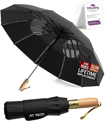 Strongest Travel Umbrella Windproof Real Wood Handle Compact Portable Auto Open Close Umbrellas for Rain and UPF 50+ Sun Automatic Folding UV umbrella for Commuter Women Men Fits Backpack Cars