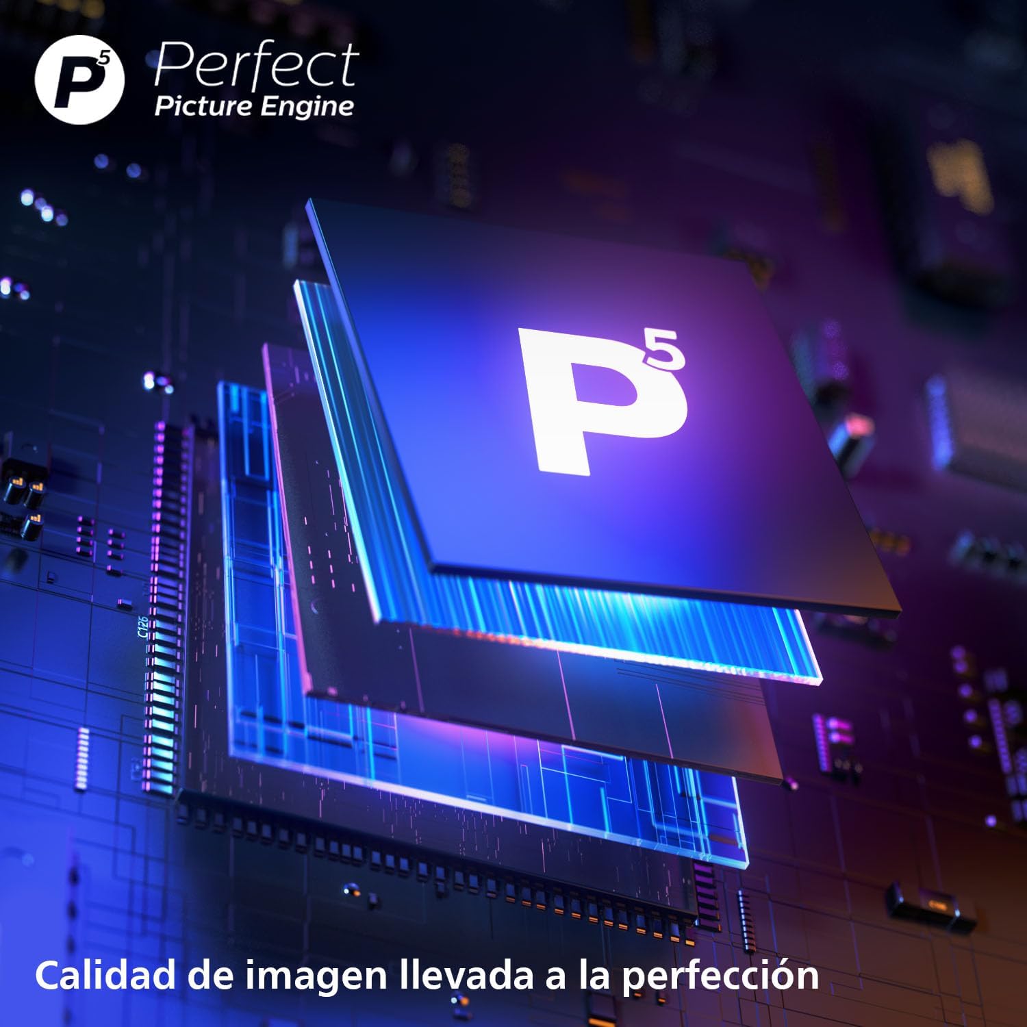 Close-up of a microchip labeled 'P5 Perfect Picture Engine', representing the advanced image processing technology in Philips TVs.