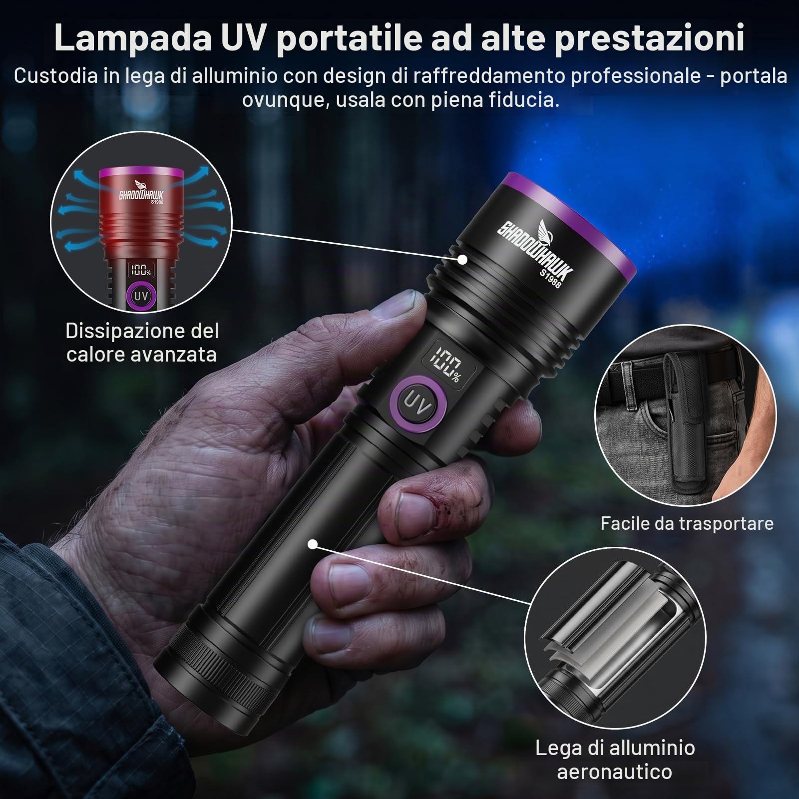 Shadowhawk Luce nera da 365 nm con lente filtrante, torcia UV da 30 W, 4 nuclei, ricaricabile, con display LCD, lampada UV per ricerca di ambra, scorpioni, test di urina animale, indurimento in resina