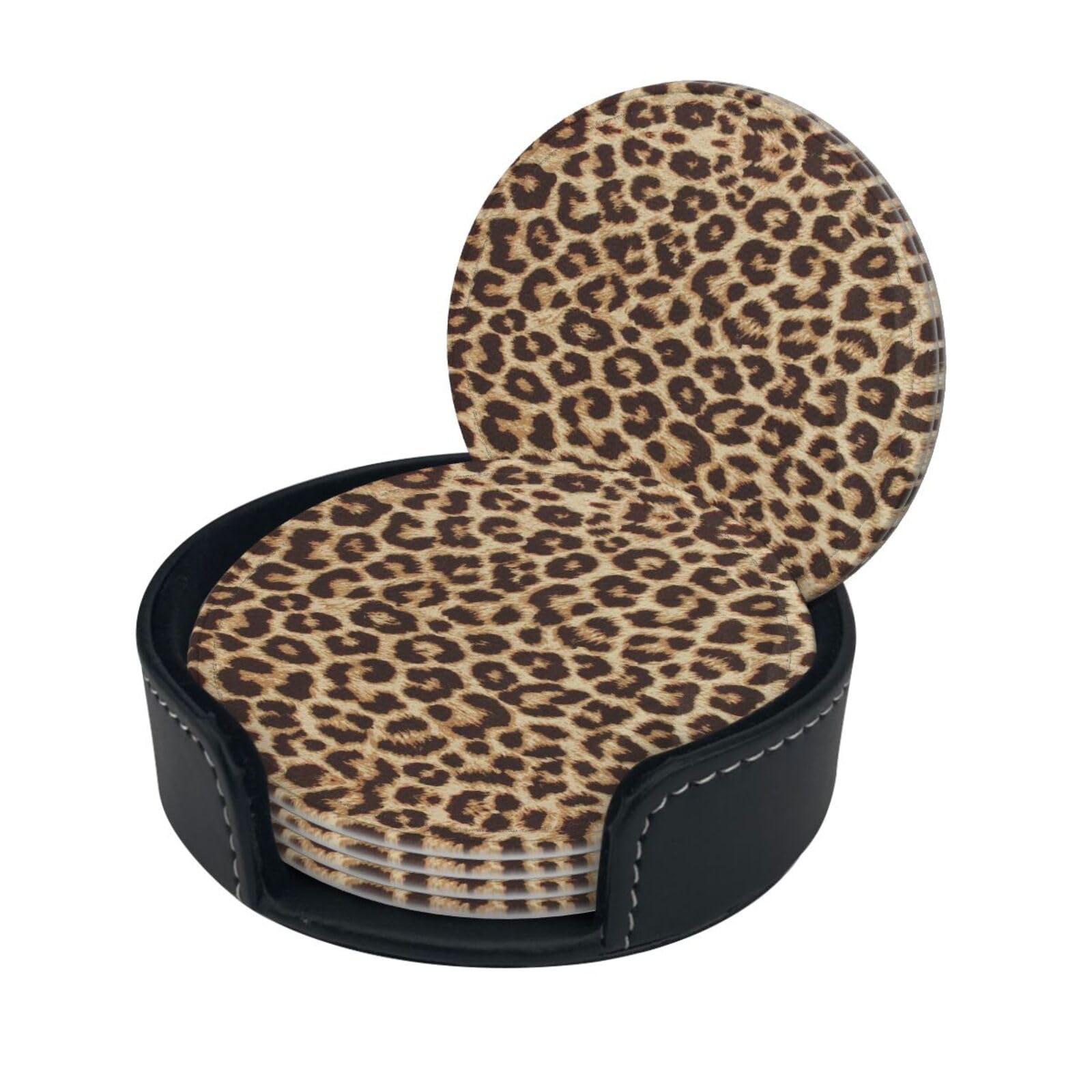 Leopard Pattern Print Round Leather Coasters - Set Of 6, Ultra-Fiber Pu Leather