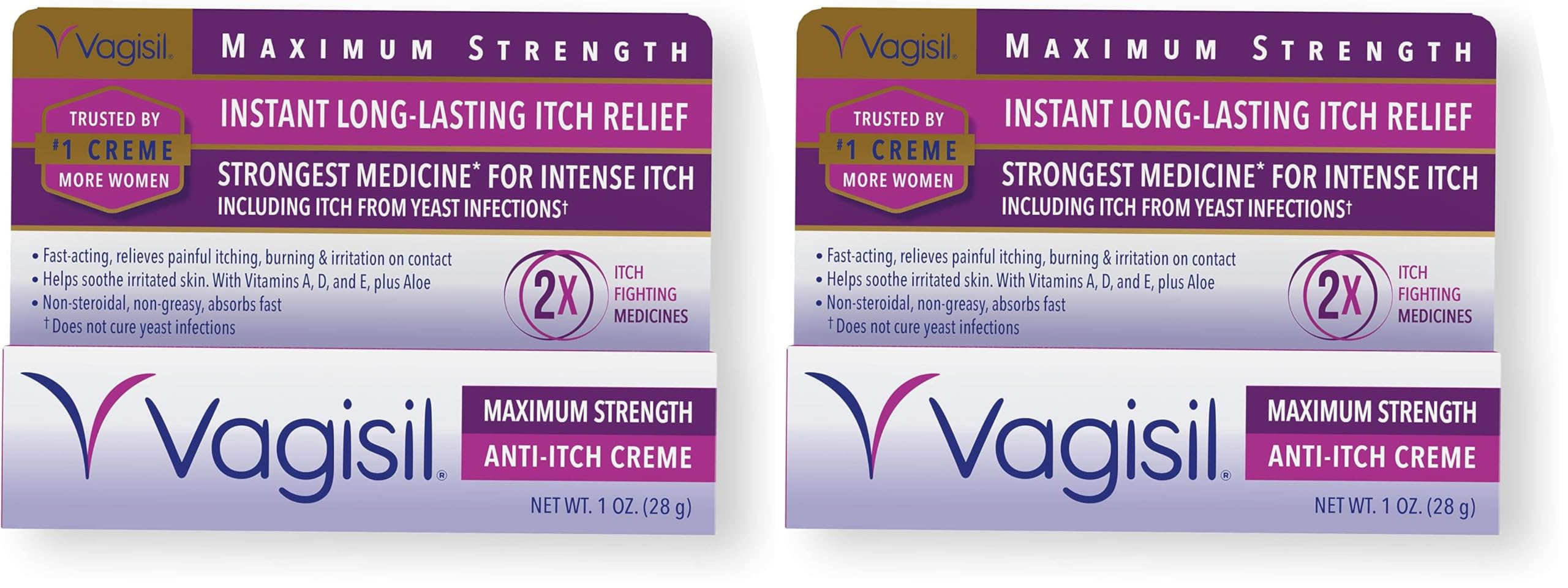 Vagisil Maximum Strength Feminine Anti-Itch Cream with Benzocaine for Women, Helps Relieve Yeast Infection Irritation, Gynecologist Tested, Fast-Acting, Soothes and Cools Skin, 1 oz (Pack of 2)