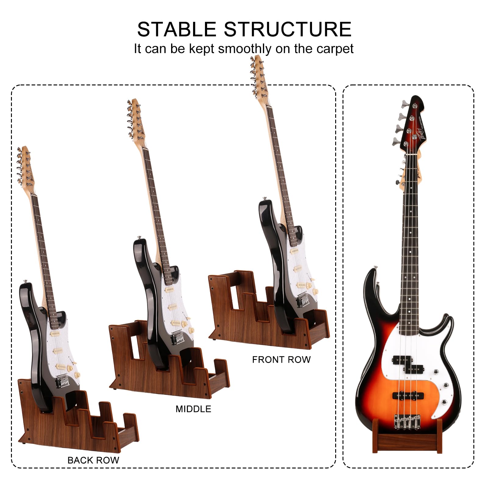 DIDA Soporte de suelo de madera para múltiples guitarras eléctricas, 3 soportes, ahorro de espacio, soporte para guitarra de suelo para casa, estudio, escenario, varias guitarras eléctricas, bajo