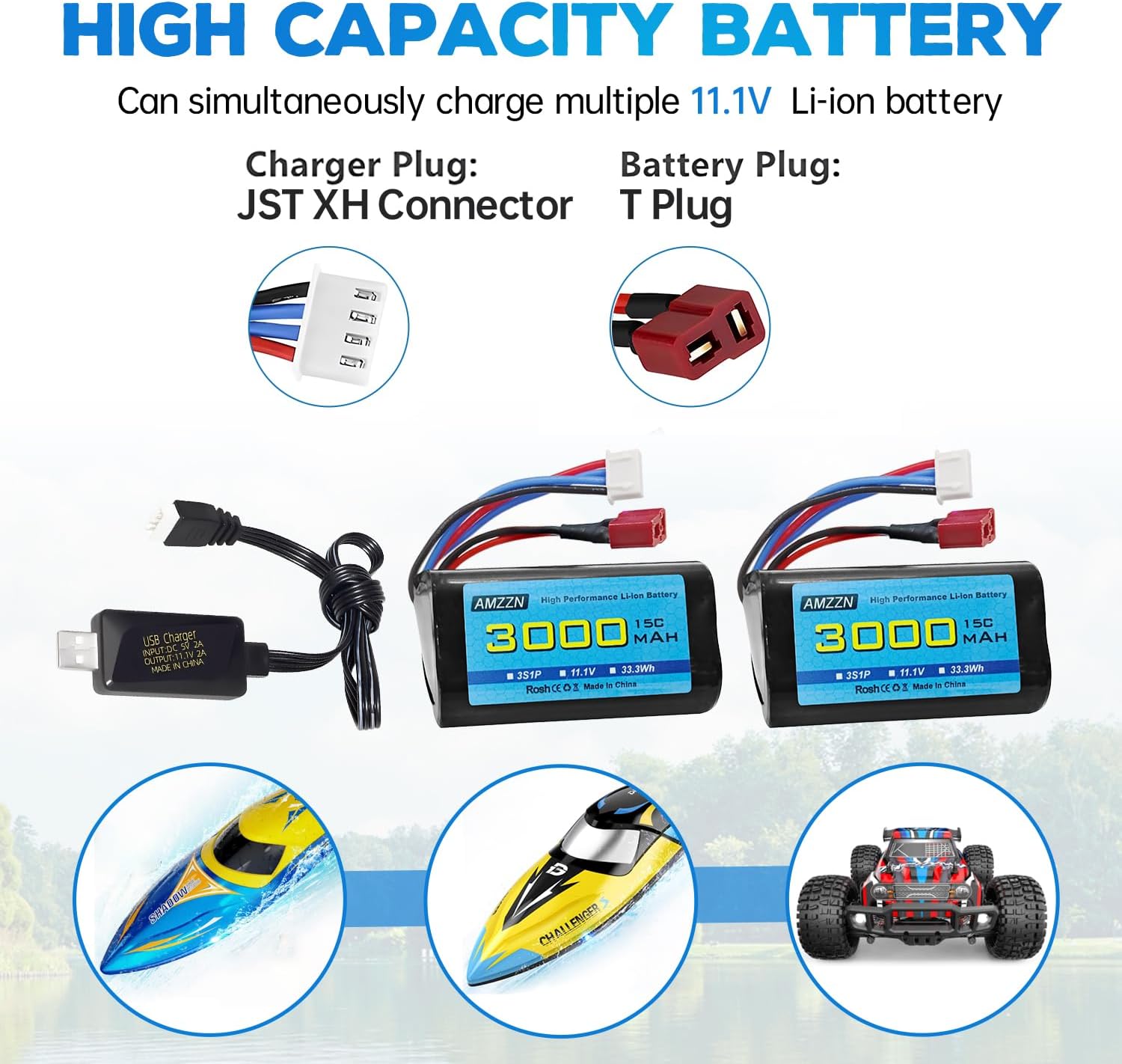 2PCS 11.1V 3000mAh 15C 3S T-Plug Li-ion Battery with USB Charger for R608 2104 brushless RC Boat, 210E 200E Brushless Remote Control Car