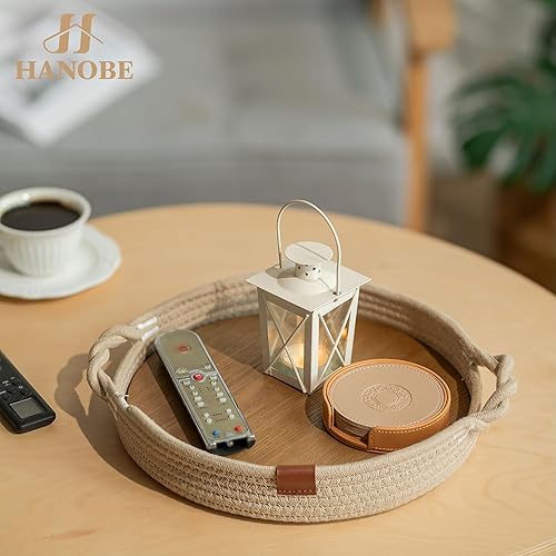Miniatura 7 de Hanobe Bandeja decorativa para mesa de café juego de bandejas redondas para sala de estar, otomana, bohemio, cesta de cuerda con placa de madera,