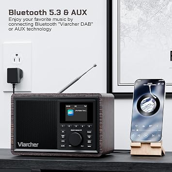 DAB/DAB& FM Digital Radio, Mains Powered DAB Radios with Bluetooth, Dual Alarms,Sleep Timer, 60 Presets, AUX IN, Headphone Jack, 2.4''Color Display Kitchen Radio Perfect for Home, Walnut