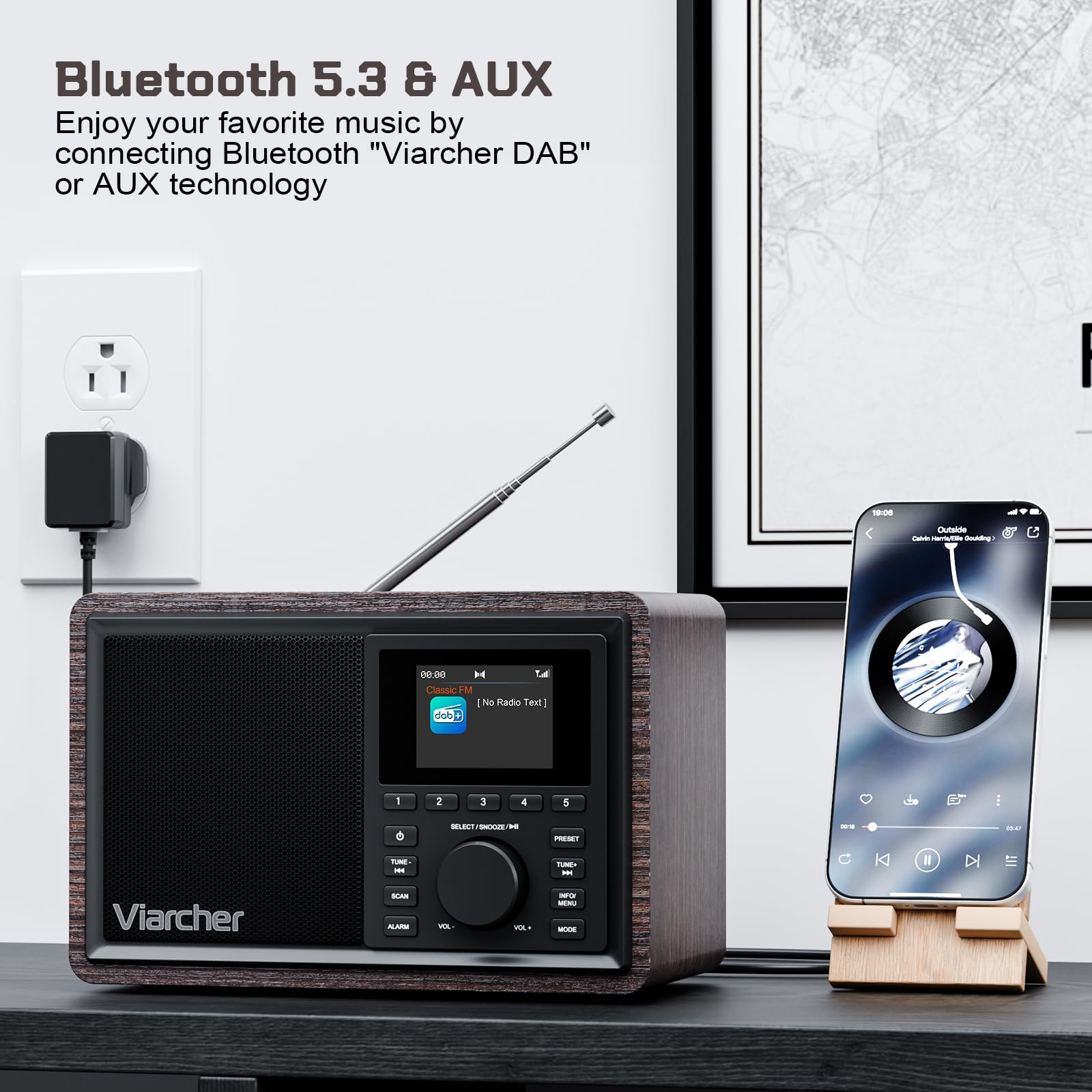 DAB/DAB+ & FM Digitalradio mit Bluetooth, Küchenradio mit Dual-Weckfunktion, Schlaf-Timer, 60 Sendern, AUX, Farbdisplay, Nussbaum-Optik