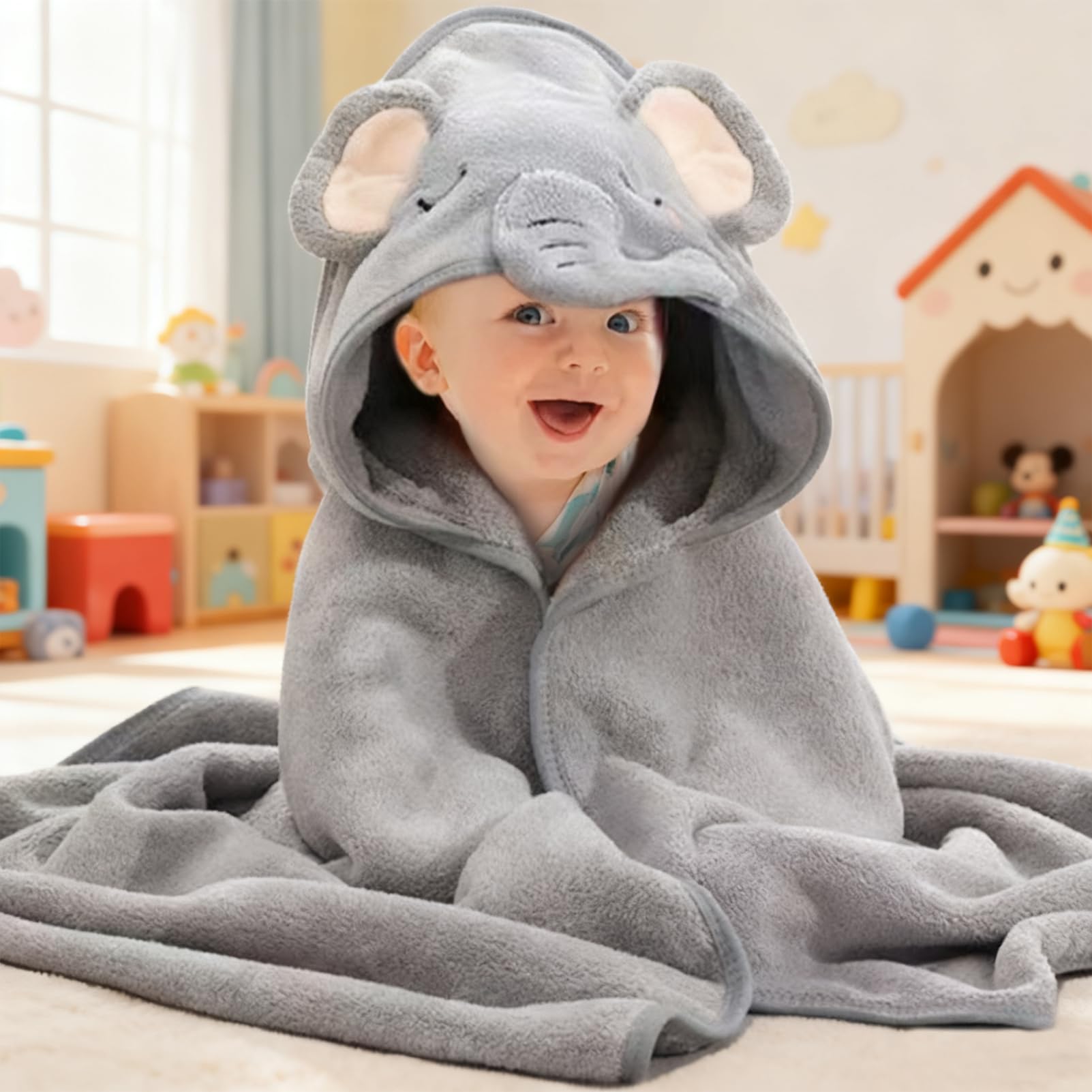 Pièces Serviette de Bain Capuche Bébé,avec Design Animal, 80 x 80 cm bébé Serviette Housse,Design d'éléphant Gris