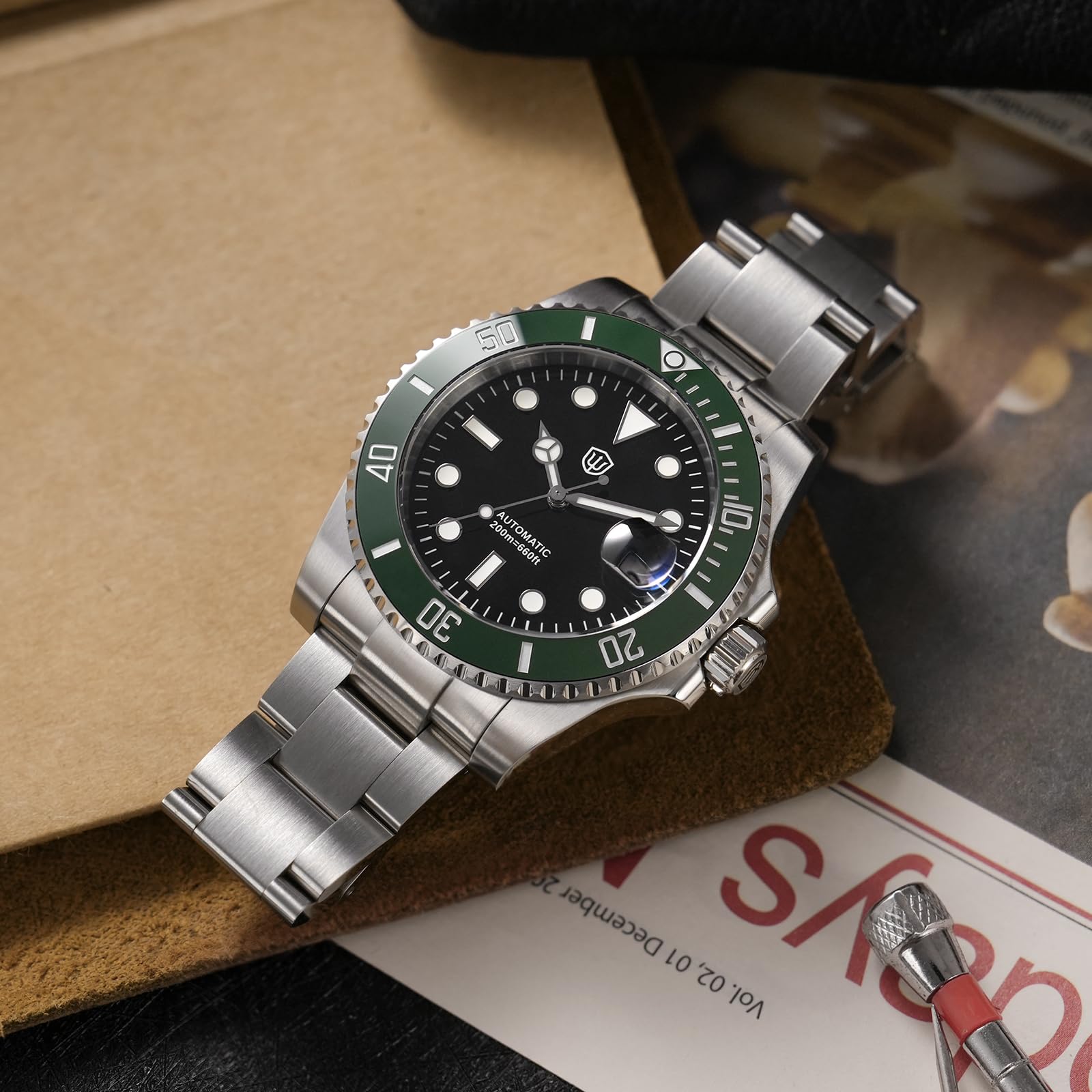 watchdives WD5512B Zegarek do nurkowania dla mężczyzn, ST2130, automatyczny zegarek na rękę, 40 mm, szkło szafirowe, wypukłe lustro do okna daty (efekt wzmocnienia 2,5-krotnego), BGW-9 niebieskie