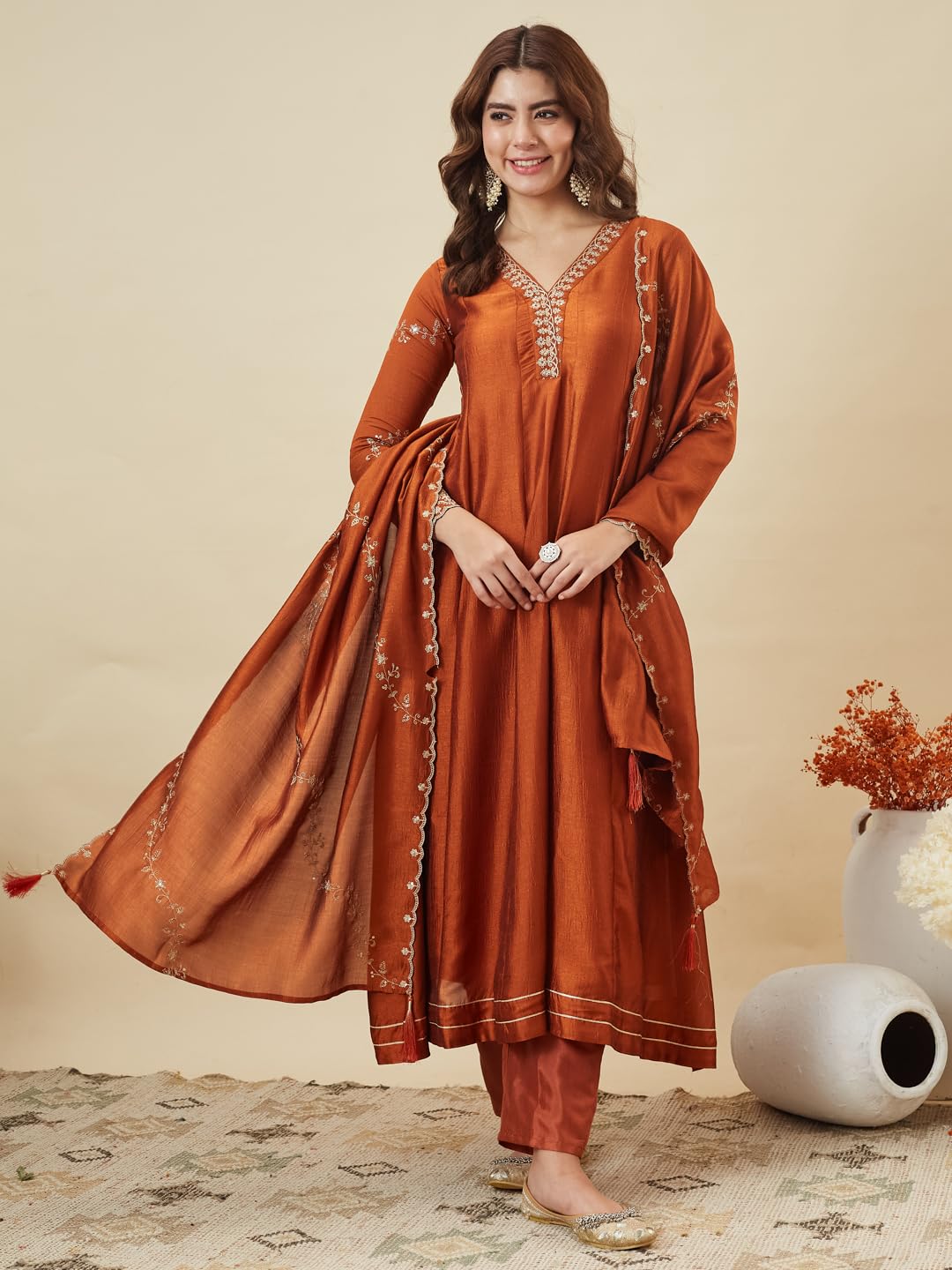 MOKOSH Women’s Silk Embroidery Anarkali Kurta Pant with Dupatta