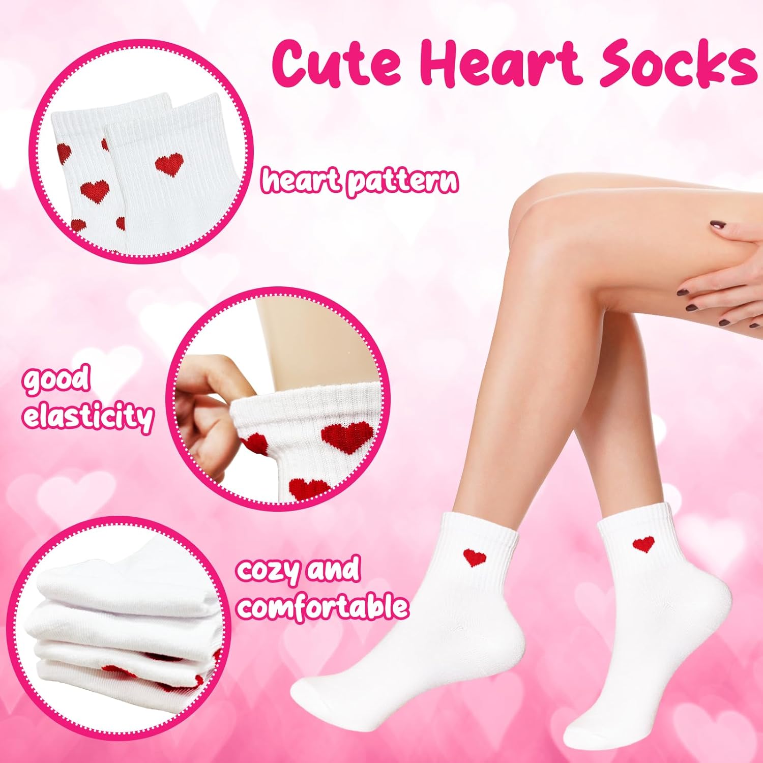Haawooky 8 Pairs Cute Heart White Red Socks,2 Styles Ankle Socks for Women,Frilly Fun Heart Pattern Crew Socks for Valentine's Day Gift,Women Girls - Image 5