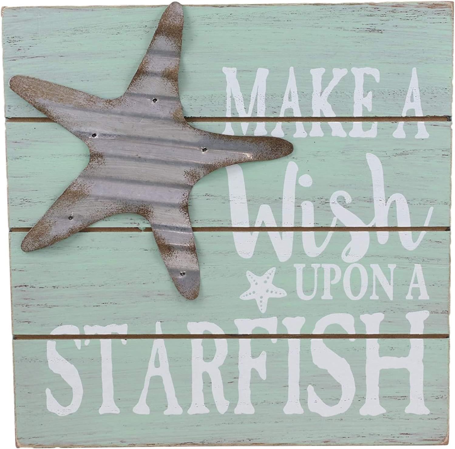 Ebros Nautical Teal Make A Wish Upon A Starfish Wall Decor Beach Sign Slatted Wooden Decorative Plaque With Galvanized Metal Sea Star 8"Wide Coastal Shore Marine Nursery Kids Bedroom Kitchen