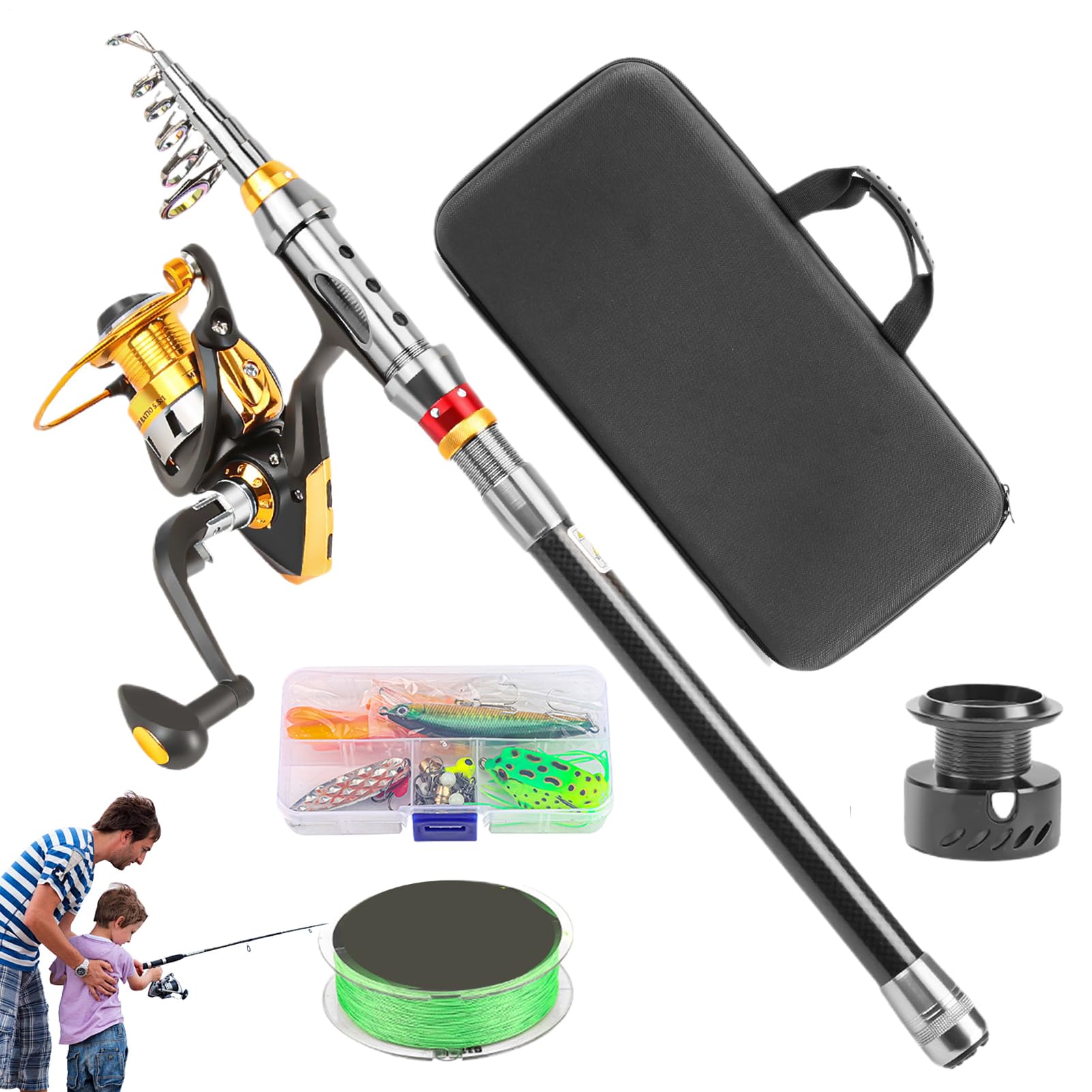 Combinazione di canna da pesca e mulinello, canna da pesca telescopica - attrezzatura da pesca per viaggi campeggio barca surf molo fiume escursionismo lago