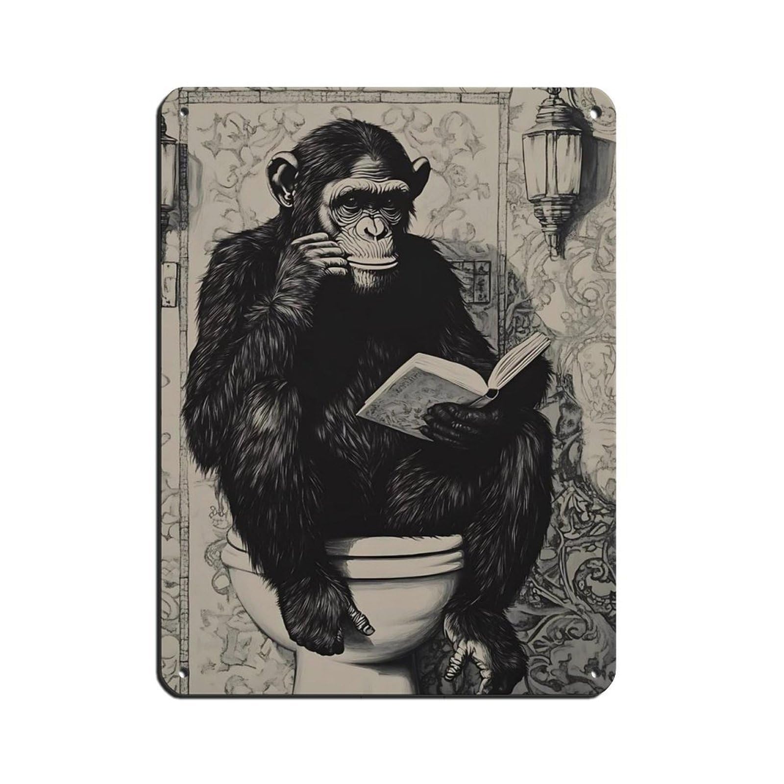 Monkey Reading Book on Toilet Retro Poster Metal Tin Sign Chic Art Retro Iron Painting Bar People Cave Cafe Family Garage Poster Wall Decoration 12x16inch(30x40cm)