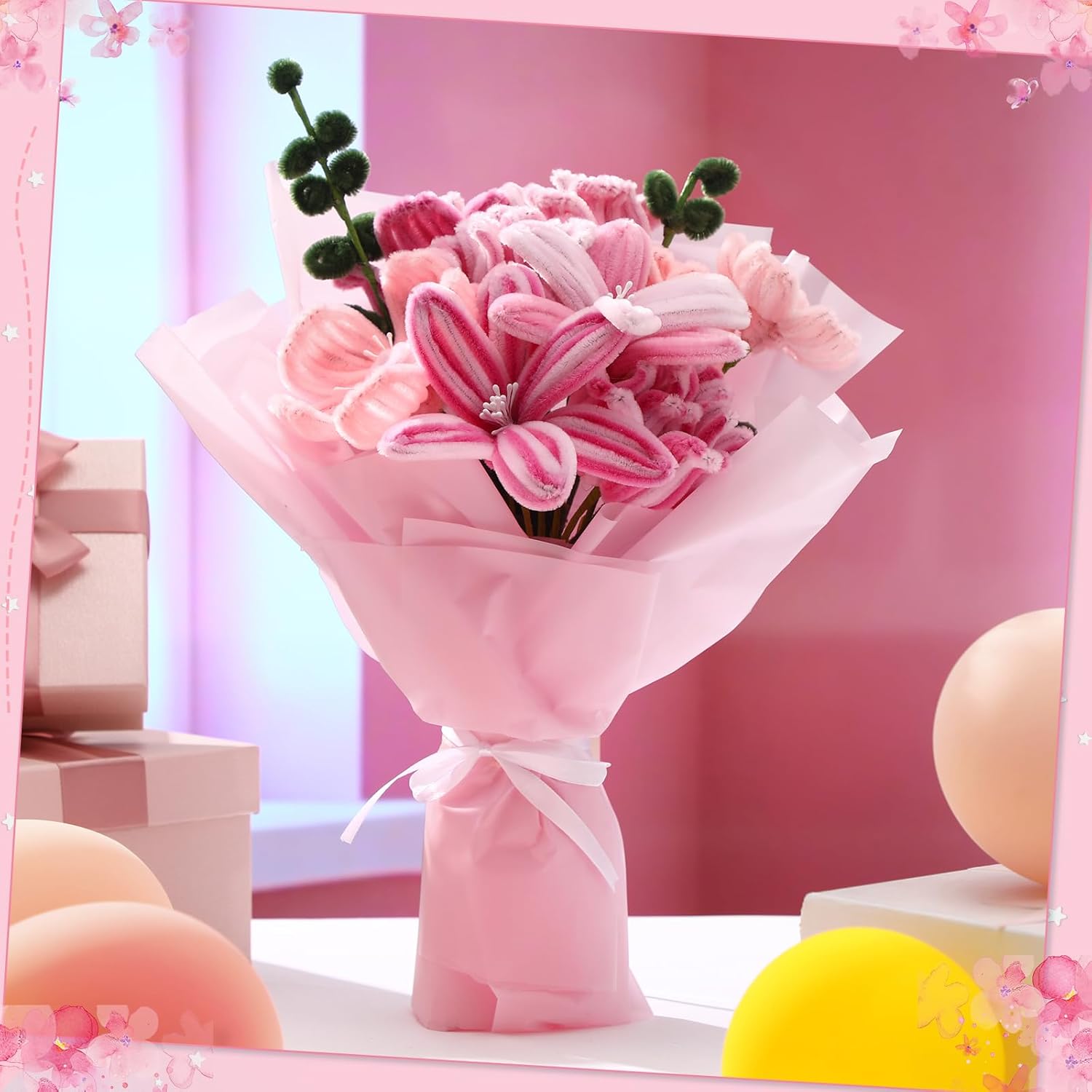 DaisyInner 860 Pcs Pipe Cleaner Craft Kit, 4 Assorted Gradient Color Pipe Cleaners Bulk Chenille Stems for DIY Flower Making Kit - with Floral Wires, Gardening Tape, Stamen & Ribbon(Pink)