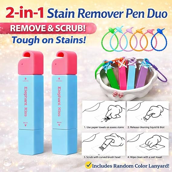 Elephant Kiss Stain Remover, 3-Second Stain Remover Pen for Clothes, 12ml On-the-Go Spot Cleaner, Double Head Instant Treater Sticks With Lanyard, Travel & Pocket-Sized (Purple)