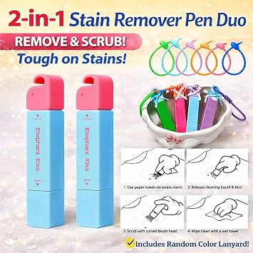 Elephant Kiss Stain Remover, 3-Second Stain Remover Pen for Clothes, 12ml On-the-Go Spot Cleaner, Double Head Instant Treater Sticks With Lanyard, Travel & Pocket-Sized (Purple)