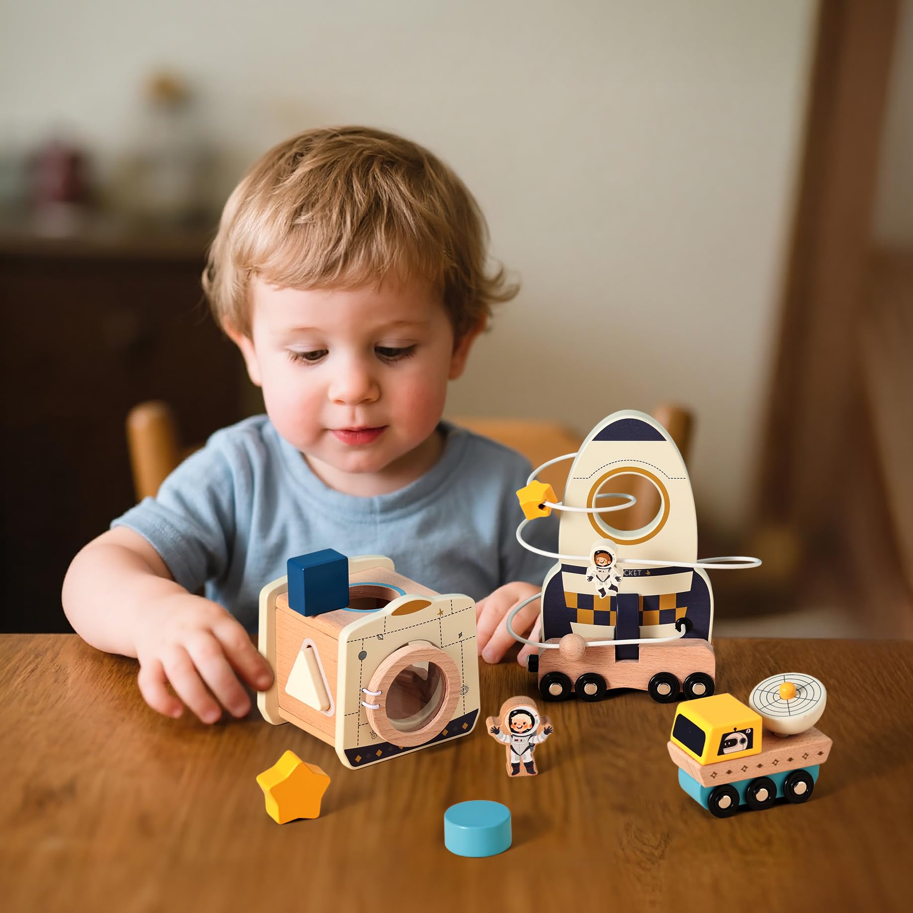OESSUF Cubo de habilidades motoras para bebé, juguete de madera para el espacio exterior, vehículo magnético, juego de 3 piezas, juguetes Montessori para niños a partir de 1 año, juguetes educativos