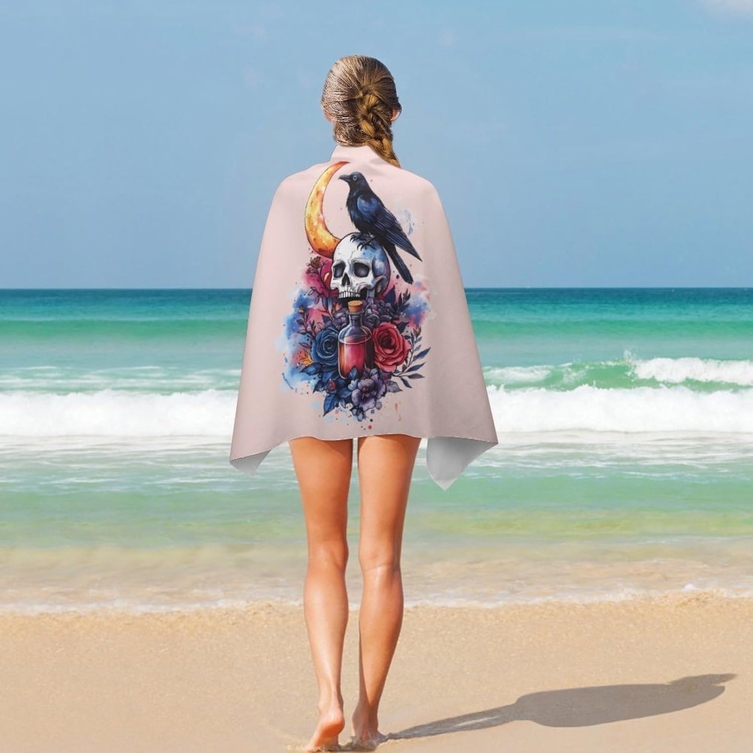 Raven Moon Rose Skull Oversized Beach Towel Soft Absorbent Pool Bath Swim Towels for Adults Travel Vacation Gifts 130x80cm
