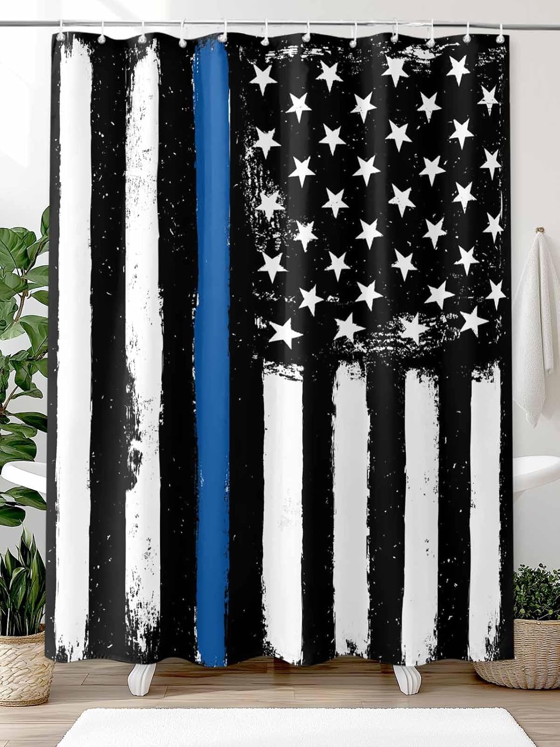 Respect American Flag Bathroom Shower Curtains for Home Decoration Polyester Fabric 4th of July Waterproof Bath Curtain Set with Hooks Black and White Blue Line for Law Enforcement