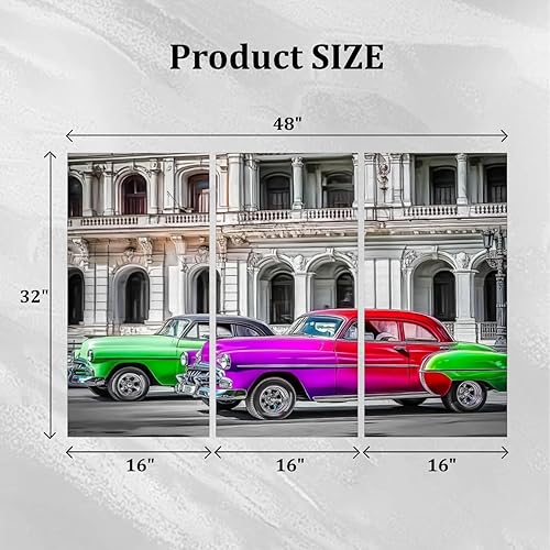 Miniatura 5 de 3 paneles de lienzo para pared, diseño de autos vintage convertibles americanos, La Habana, Cuba, impresión en lienzo, obras de arte para oficina,