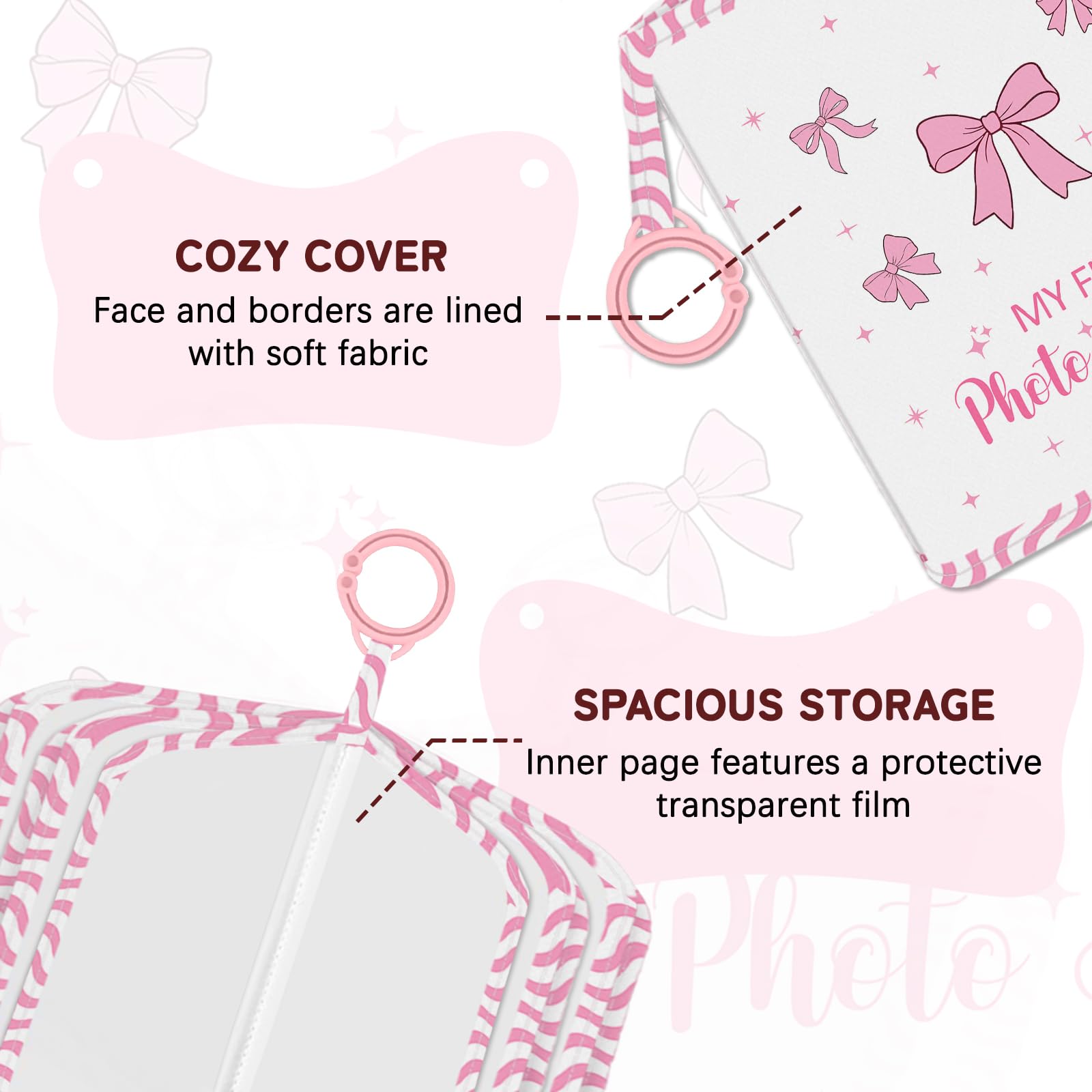 Pink Bow Baby Photo Album Holds 17 6x4 Pictures, Cute Soft Cloth Family Photo Book - Image 4