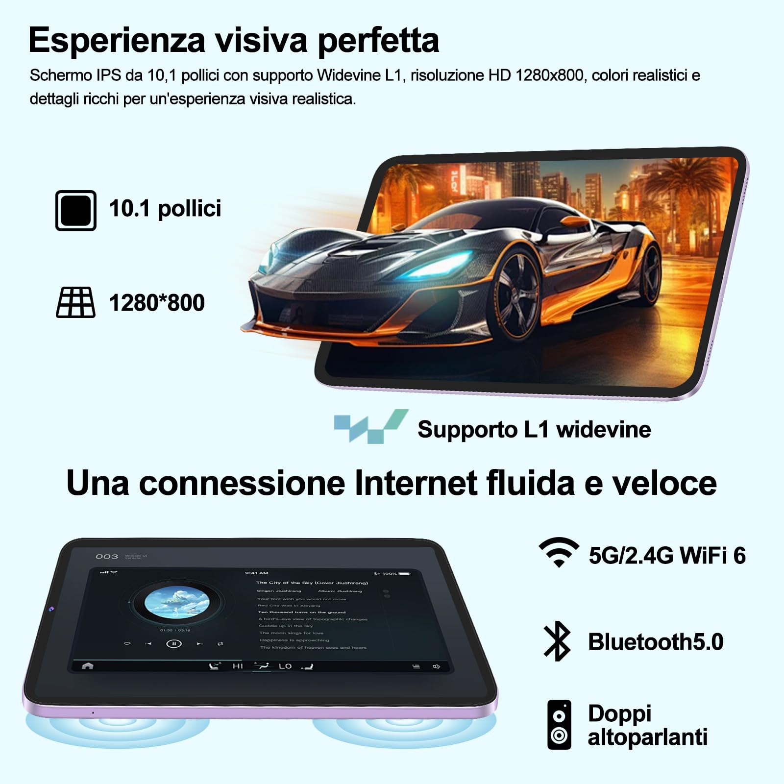 Tablet 10 Pollici Android 15 con Gemini AI, 22GB RAM+ 128GB ROM+2TB Esp., Widevine L1, Octa-Core, WiFi 6, BT 5.0, 6000mAh, Fotocamera 8/5 MP, con Tastiera, Mouse e Custodia, Corpo in Metallo, Viola