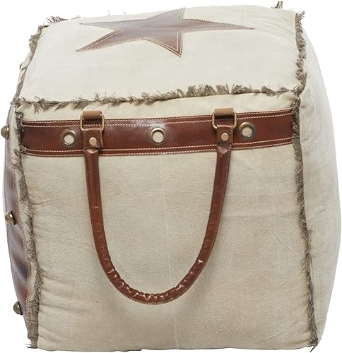 Miniatura 11 de Deco 79 Puf de lona con asas de cuero, 20 x 20 x 19 pulgadas, blanco