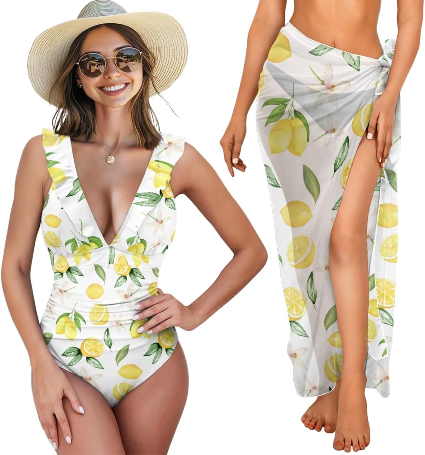 Women's Ruffled Bathing Suit Set, Flattering Lace-Up Swimsuits & Quick-Dry Long Cover-Up for Beach Volleyball