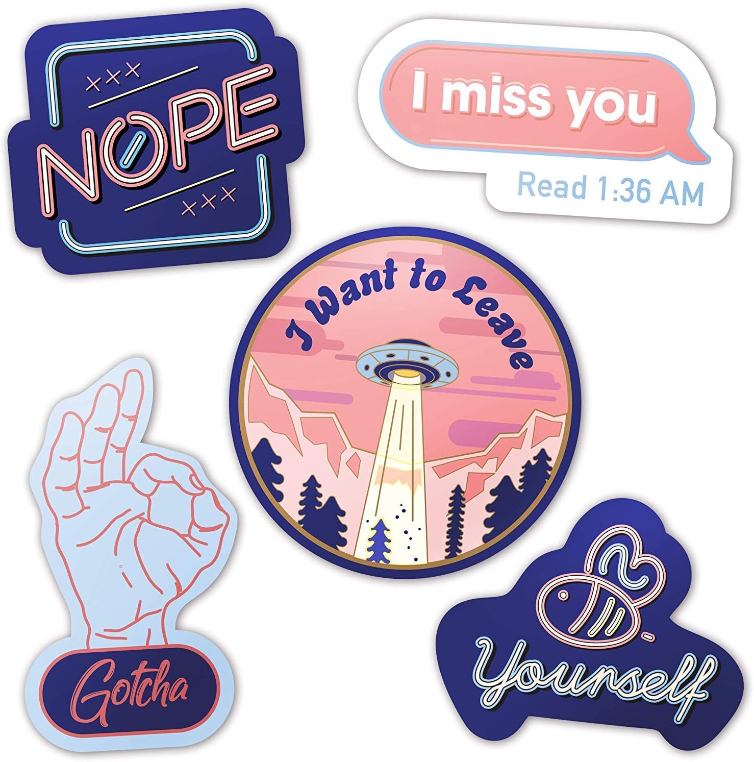 Cute Neon Aesthetic Stickers for Water Bottles (5 Pack) - Funny, Lovely, Trendy, Waterproof Vinyl Decal Stickers for Teens, Girls, Women, Feminists - for Hydro Flask Tumbler Waterbottle Laptop Phone