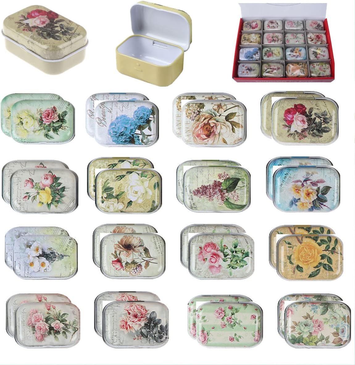 32Pcs Mini Flower Tin Trinket Jewelry Organizer Box Tinplate Storage Case with Lid Small Rectangular Bead Container for Storage of Small Items, Crafts, Christmas stocking stuffers(flower)