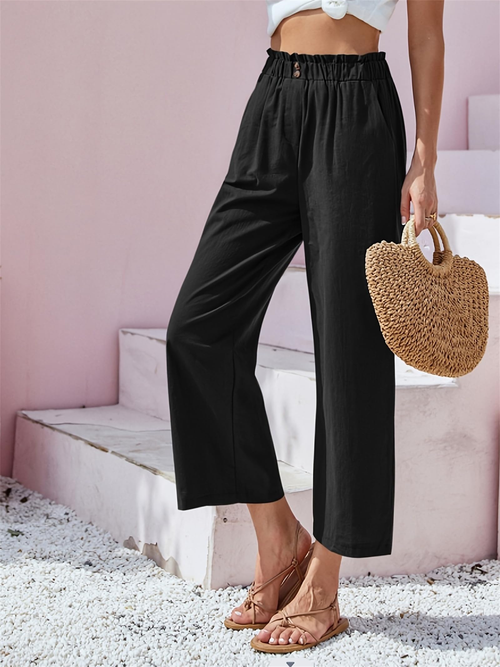 Womens Cropped Linen Pants Casual Pleated High Waisted Wide-Leg Pants Summer Beach Flowy Palazzo Pants with Pockets Black
