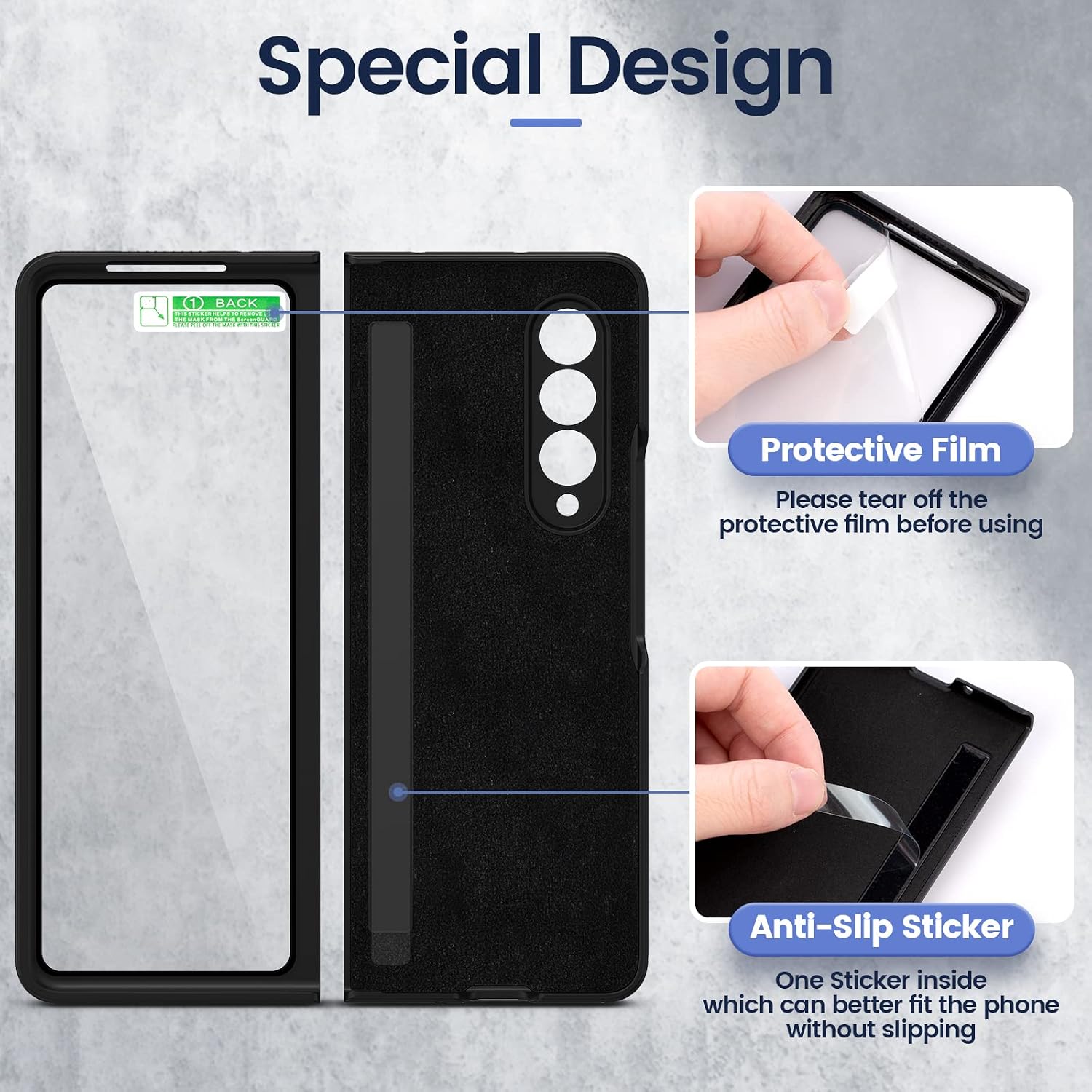 Caka for Z Fold 3 Case, Galaxy Z Fold 3 Case with Kickstand Built-in Screen Protector PU Leather Magnetic Ring Stand Full Body Case for Samsung Galaxy Z Fold 3 5G- Carbon Fiber Black