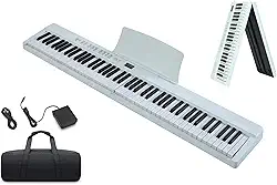 VEDO Piano Digital Dobrável 88 Teclas Semi-Pesadas com Pedal de Sustenção e Bolsa, Teclado Portátil Full Size para Iniciantes, Adultos e Crianças, Alto-Falantes Embutidos, Conexão APP, Ideal (Branco)