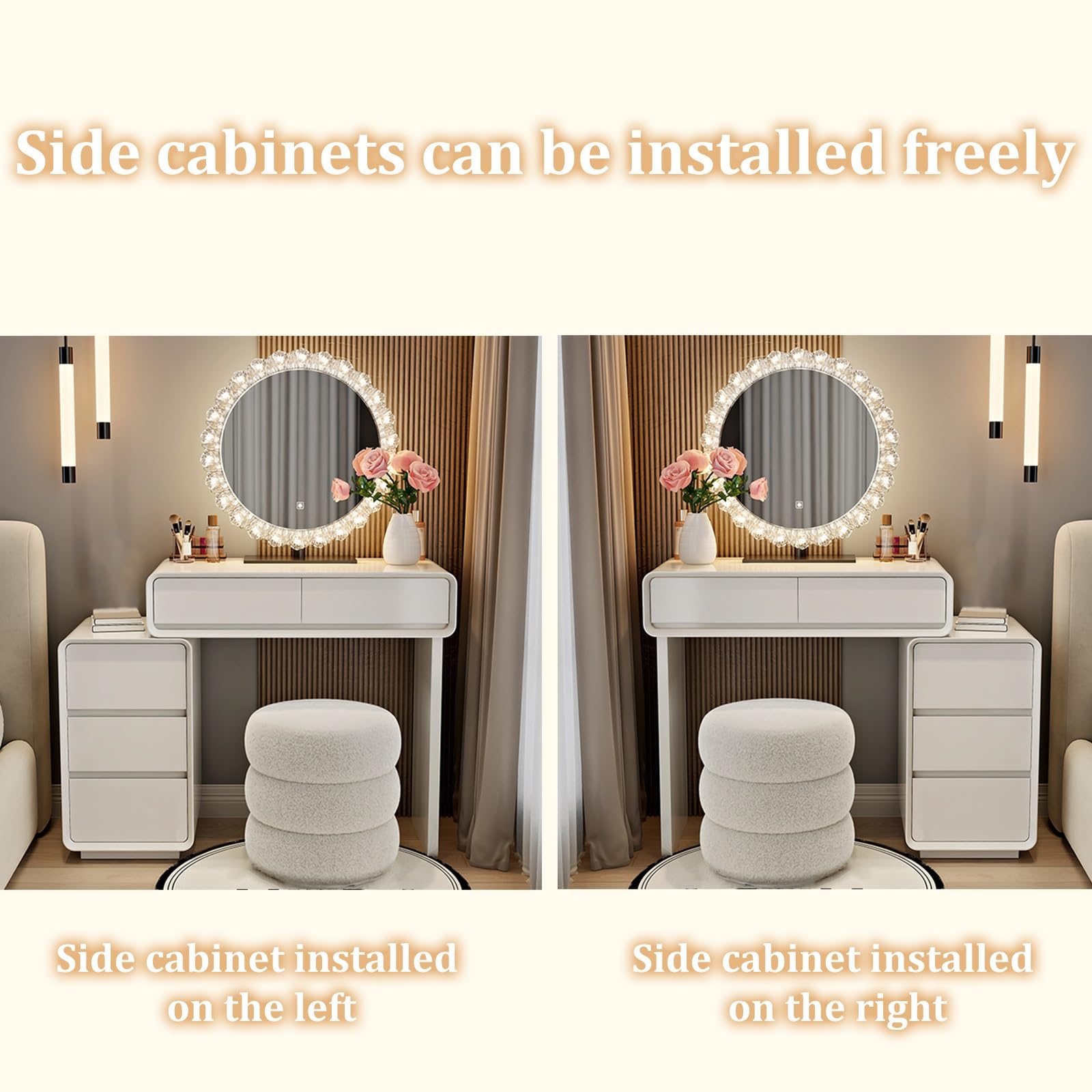 Moderno set da trucco illuminato con sgabello e armadiettoElegante tavolo da trucco in 3 colori per camera da letto, design compatto (80 cm) perfetto per gli amanti della bellezza e piccoli spazi