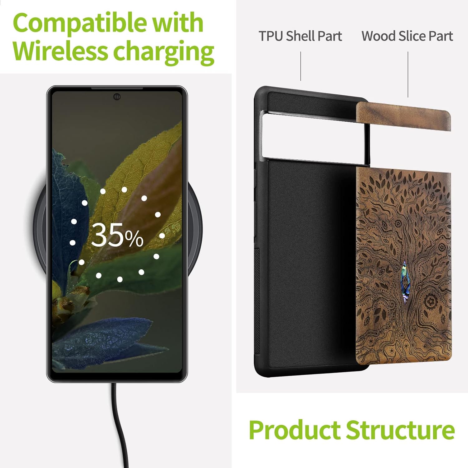 Carveit Designer Wooden Case for Google Pixel 8 - Protective Cover with Wood Engraving & Shell Inlay - Compatible with Wireless Chargers - Tree of Life - Walnut