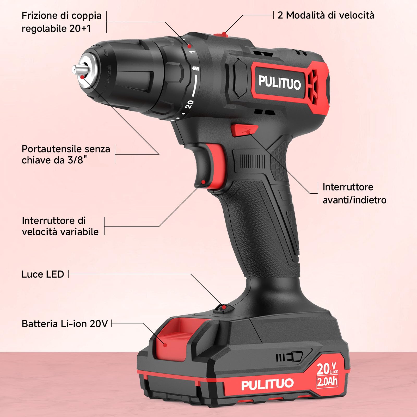 PULITUO Trapano Avvitatore Batteria 20V, Avvitatore a Batteria con 2 Batterie da 2,0 Ah, Mandrino Autoserrante da 3/8", 2 Velocità, 21+1 Livelli di Coppia, Set 42 Pezzi, Kit di Attrezzi per La Casa